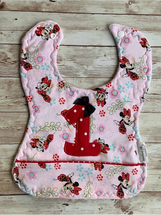 Other - Pink Minnie Mouse First Birthday Bib with Red '1' Applique